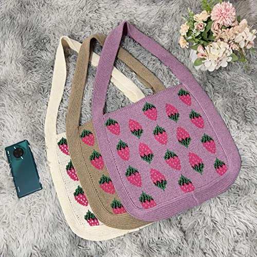 GGOOB Crochet Tote Bag Aesthetic Strawberry Purse Kawaii Purse Crocheted Bag Kawaii Tote Bag (Cream)
