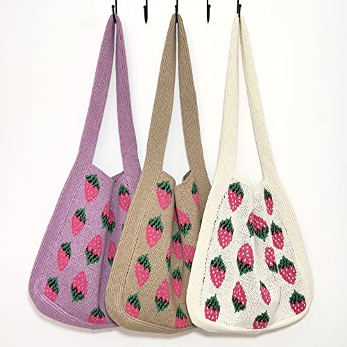 GGOOB Crochet Tote Bag Aesthetic Strawberry Purse Kawaii Purse Crocheted Bag Kawaii Tote Bag (Cream)