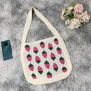 GGOOB Crochet Tote Bag Aesthetic Strawberry Purse Kawaii Purse Crocheted Bag Kawaii Tote Bag (Cream)