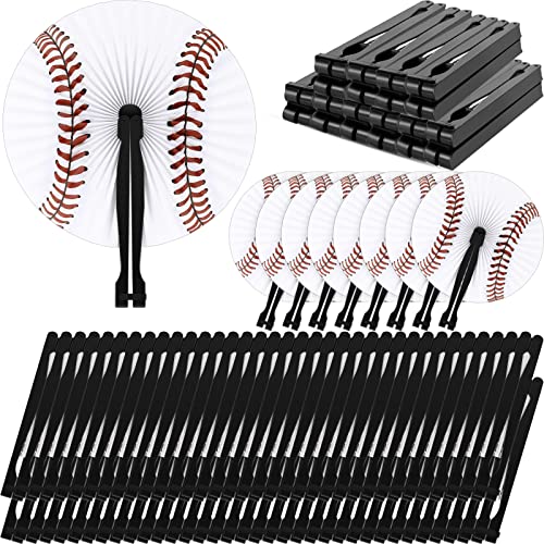 48 Pack Baseball Paper Fans Decorations Party Favors Round Folding Fans with Plastic Handle Craft Handheld Fan Baseball Cutouts Hand Hanging Fans for Weddings Sports Themed Birthday Festival Kid Gift