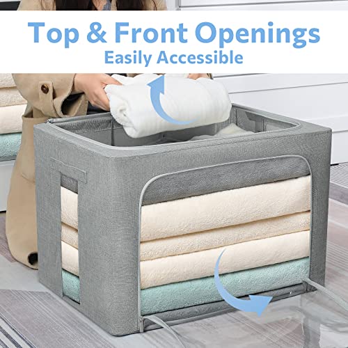 Clothes Storage Bins Box - Linen Fabric Foldable Stackable Container Organizer Set with Clear Window & Carry Handles & Metal Frame - 2Pack Large Capacity for Bedding, Blankets, Toys, Books (Light Grey, Medium-36L)