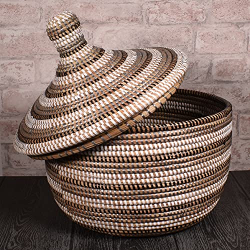 African Fair Trade Handwoven Striped Warming Basket, Black, Silver, and White