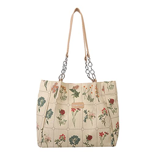 Botanical Tote Bag for Women Leather and Canvas Splicing Tote Bag Cottagecore Aesthetic Tote Bag Flowers Plants (Beige)