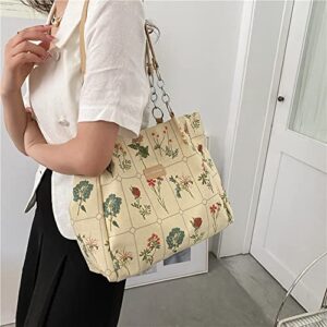 Botanical Tote Bag for Women Leather and Canvas Splicing Tote Bag Cottagecore Aesthetic Tote Bag Flowers Plants (Beige)
