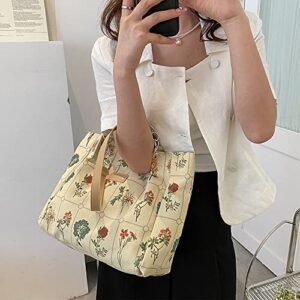 Botanical Tote Bag for Women Leather and Canvas Splicing Tote Bag Cottagecore Aesthetic Tote Bag Flowers Plants (Beige)