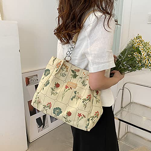 Botanical Tote Bag for Women Leather and Canvas Splicing Tote Bag Cottagecore Aesthetic Tote Bag Flowers Plants (Beige)