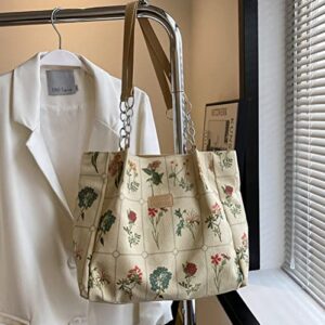 Botanical Tote Bag for Women Leather and Canvas Splicing Tote Bag Cottagecore Aesthetic Tote Bag Flowers Plants (Beige)