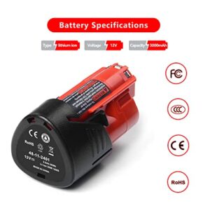 Bdreer 2 Pack 3000mAh 12V Lithium Ion Replacement Battery Compatible with Milwaukee M12 Battery 48-11-2401 48-11-2402 48-11-2411 48-11-2420 12-Volt Cordless Tools