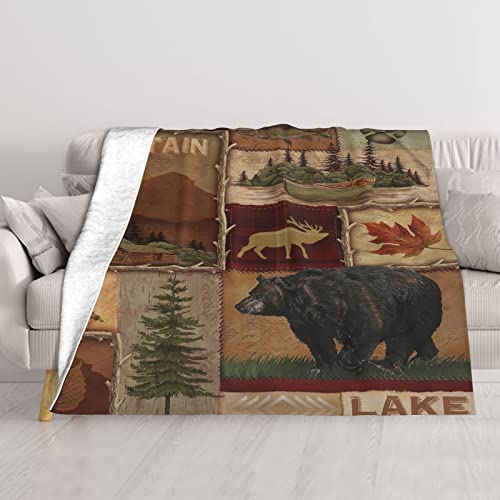 Country Style Rustic Cabin Wildlife Ultra-Soft Micro Fleece Throw Blanket,Lodge Bear Moose Deer,Custom Warm Lightweight Blanket for Couch Bed Living Room Bedroom Sofa 60"x50"