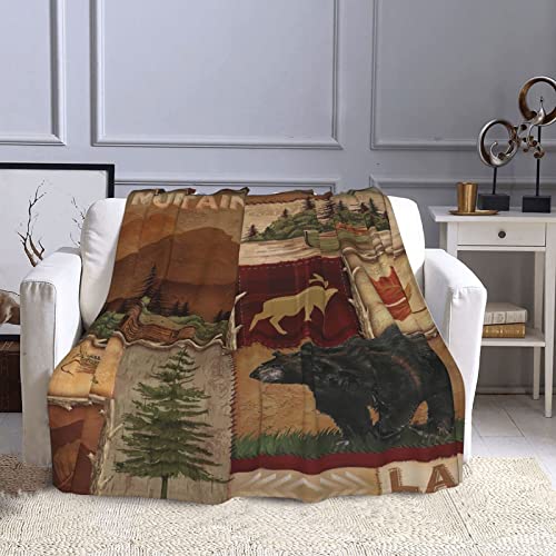 Country Style Rustic Cabin Wildlife Ultra-Soft Micro Fleece Throw Blanket,Lodge Bear Moose Deer,Custom Warm Lightweight Blanket for Couch Bed Living Room Bedroom Sofa 60"x50"