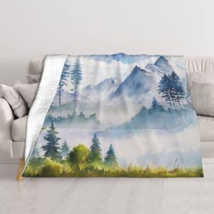 mountains forest ultra-soft micro fleece throw blanket,mountain watercolor green painting nature tree forest,custom warm lightweight blanket for couch bed living room bedroom sofa 50″x40″