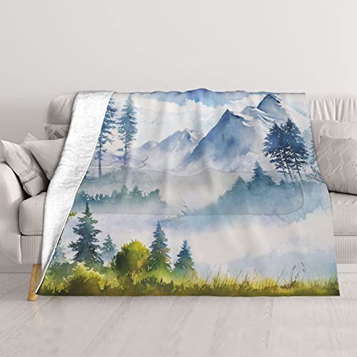 Mountains Forest Ultra-Soft Micro Fleece Throw Blanket,Mountain Watercolor Green Painting Nature Tree Forest,Custom Warm Lightweight Blanket for Couch Bed Living Room Bedroom Sofa 50"x40"