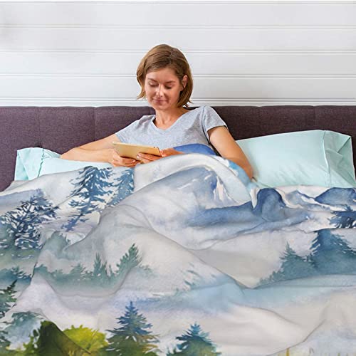 Mountains Forest Ultra-Soft Micro Fleece Throw Blanket,Mountain Watercolor Green Painting Nature Tree Forest,Custom Warm Lightweight Blanket for Couch Bed Living Room Bedroom Sofa 50"x40"