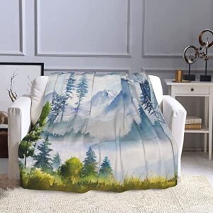 Mountains Forest Ultra-Soft Micro Fleece Throw Blanket,Mountain Watercolor Green Painting Nature Tree Forest,Custom Warm Lightweight Blanket for Couch Bed Living Room Bedroom Sofa 50"x40"