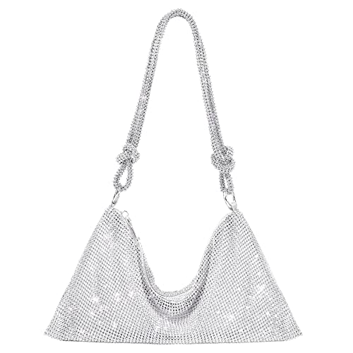 Rhinestone Purses for Women Shiny Silver Clutch Purse Chic Sparkly Evening Handbag Bling Hobo Bag for Party Club Wedding