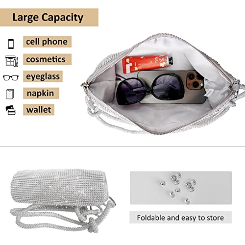 Rhinestone Purses for Women Shiny Silver Clutch Purse Chic Sparkly Evening Handbag Bling Hobo Bag for Party Club Wedding