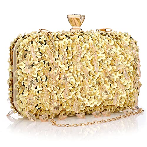 Buric Clutch Purses for Women Elegant Evening Bag Small Crossbody Bag Sequins Binding with Detachable Chain for Prom/Wedding (Gold)