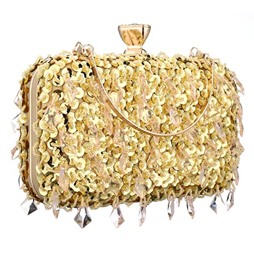 Buric Clutch Purses for Women Elegant Evening Bag Small Crossbody Bag Sequins Binding with Detachable Chain for Prom/Wedding (Gold)