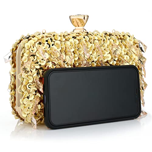 Buric Clutch Purses for Women Elegant Evening Bag Small Crossbody Bag Sequins Binding with Detachable Chain for Prom/Wedding (Gold)