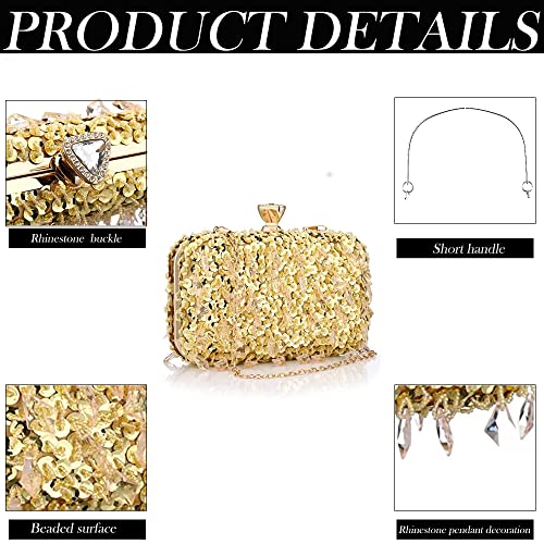 Buric Clutch Purses for Women Elegant Evening Bag Small Crossbody Bag Sequins Binding with Detachable Chain for Prom/Wedding (Gold)