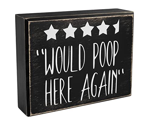 Pigort Funny Toliet Sign Decoration Box 5 Stars Would Here Again, Bathroom Sign Plaque 5"x6" Toilet Decor Rustic Wood Plaque - Funny Bathroom Signs