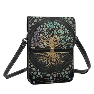 sketvnhr life tree yggdrasil small crossbody cell phone purse for women soft leather fashion travel wallet with adjustable strap, black