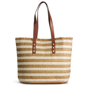 hoxis stripe woven straw tote women beach bag vegan shoulder handbag (brown)