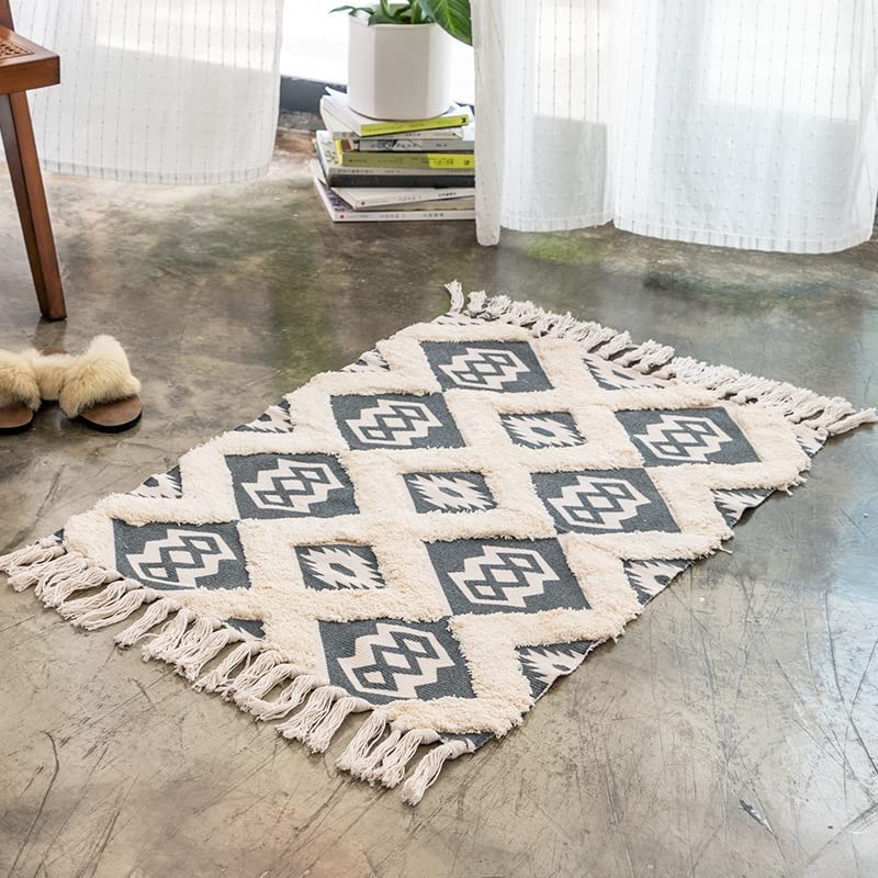 lightlux Cotton Check Rug , Plaid Rug, Washable Hand-Woven Outdoor Checkered Rugs for Layered Door Mats (24" x 36", Beige)