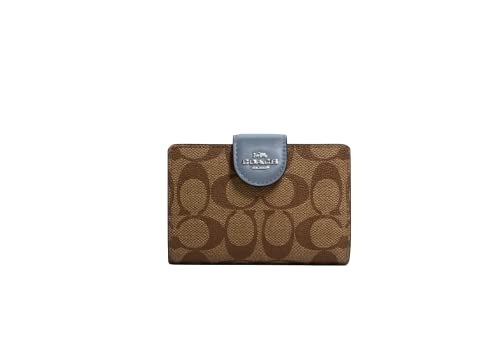 Coach Signature Medium Corner Zip Wallet in Coated Canvas Khaki Marble Blue