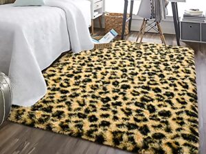 homore premium leopard fluffy rugs, leopard print rug for living room bedroom,soft cheetah print rug for kids children room, faux animal printed carpet for western decor,3×5 feet black and khaki