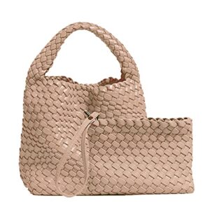 jinmanxue 2 pcs handmade woven handbags for women shoulder bag female fashion beach crossbody purses ladies bucket bag (milk tea)