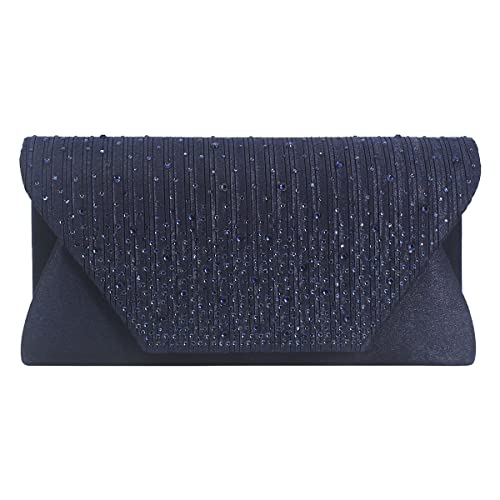 WIGUYUN Women Elegant Clutch Purse Rhinestones Pleated Wedding Clutch Handbag with Chain Formal Evening Bag Blue