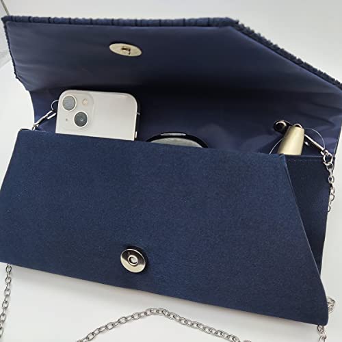 WIGUYUN Women Elegant Clutch Purse Rhinestones Pleated Wedding Clutch Handbag with Chain Formal Evening Bag Blue