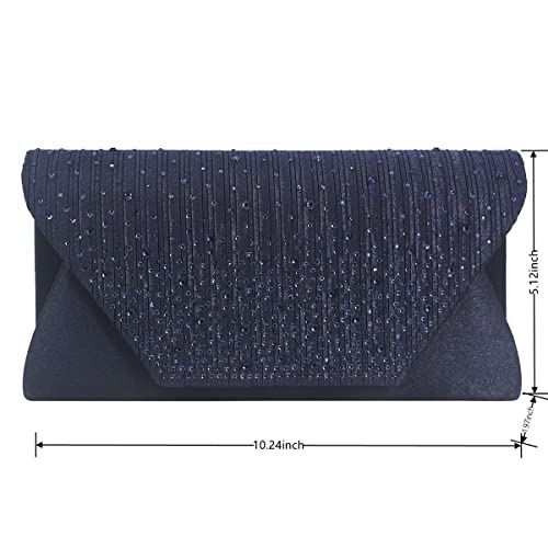 WIGUYUN Women Elegant Clutch Purse Rhinestones Pleated Wedding Clutch Handbag with Chain Formal Evening Bag Blue