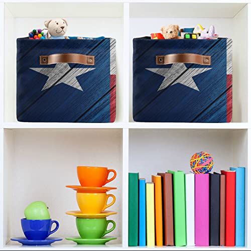 Texas Wood Flag Storage Basket Storage Organizer Box Bin Large Collapsible Cube Baskets with PU Handles for Shelf Closet Nursery Laundry 2 Pack