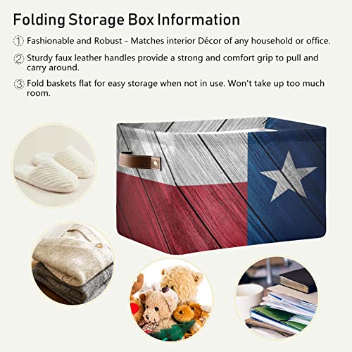 Texas Wood Flag Storage Basket Storage Organizer Box Bin Large Collapsible Cube Baskets with PU Handles for Shelf Closet Nursery Laundry 2 Pack