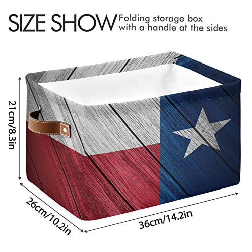 Texas Wood Flag Storage Basket Storage Organizer Box Bin Large Collapsible Cube Baskets with PU Handles for Shelf Closet Nursery Laundry 2 Pack