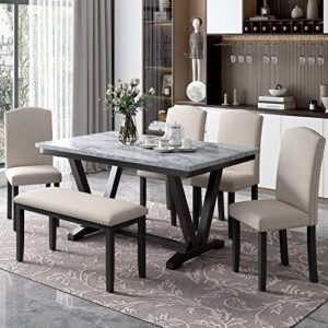 Merax Modern Style 6-Person Dining Table Set with 4 Chairs & a Bench, Marbled Veneers Tabletop and V-Shaped Legs, White