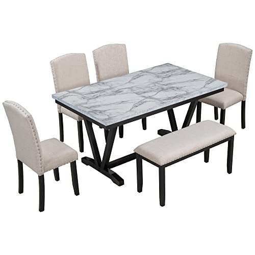 Merax Modern Style 6-Person Dining Table Set with 4 Chairs & a Bench, Marbled Veneers Tabletop and V-Shaped Legs, White