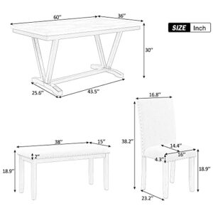 Merax Modern Style 6-Person Dining Table Set with 4 Chairs & a Bench, Marbled Veneers Tabletop and V-Shaped Legs, White