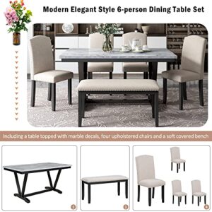 Merax Modern Style 6-Person Dining Table Set with 4 Chairs & a Bench, Marbled Veneers Tabletop and V-Shaped Legs, White