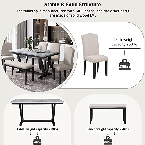 Merax Modern Style 6-Person Dining Table Set with 4 Chairs & a Bench, Marbled Veneers Tabletop and V-Shaped Legs, White