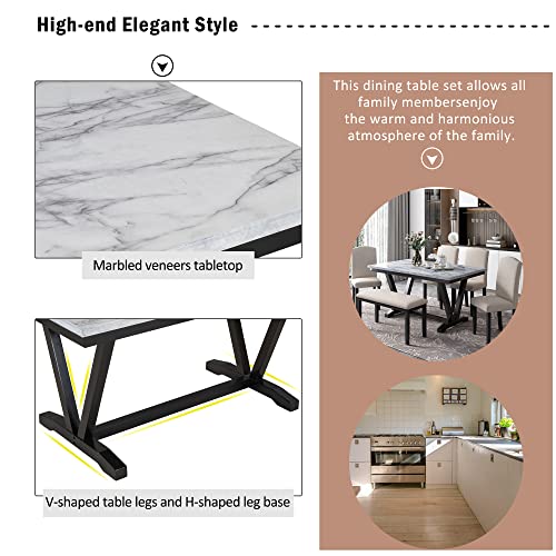 Merax Modern Style 6-Person Dining Table Set with 4 Chairs & a Bench, Marbled Veneers Tabletop and V-Shaped Legs, White