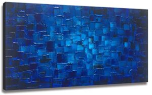 gongyuanyihao arts modern textured abstract squares canvas wall art hand painted artwork dark blue oil painting picture for home decoration framed ready to hang 48x24inch