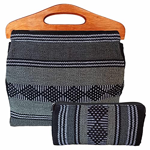 MEXICANDOO Set of Authentic Mexican Handcrafted Woven Handbag with Wooden Handles and Matching Clutch Bag for Women or Girls. Casual Purse, Bohemian, Boho, Sarape, Baja, Aztec, Summer, Beach (Black)