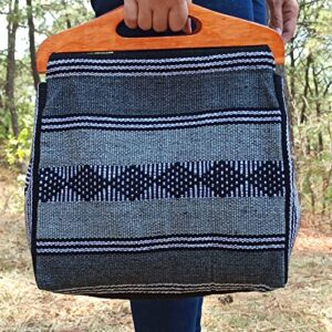 MEXICANDOO Set of Authentic Mexican Handcrafted Woven Handbag with Wooden Handles and Matching Clutch Bag for Women or Girls. Casual Purse, Bohemian, Boho, Sarape, Baja, Aztec, Summer, Beach (Black)