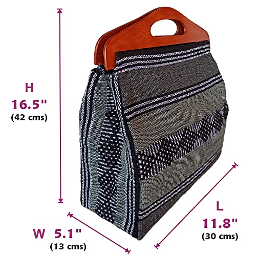 MEXICANDOO Set of Authentic Mexican Handcrafted Woven Handbag with Wooden Handles and Matching Clutch Bag for Women or Girls. Casual Purse, Bohemian, Boho, Sarape, Baja, Aztec, Summer, Beach (Black)