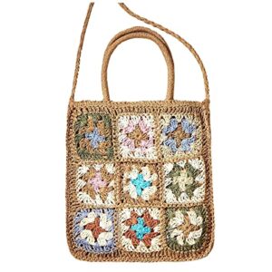 qtkj straw bag, summer beach bag, hand-woven women hand bag, jiugongge flower style retro rattan bag shoulder bag crossbody bag（khaki）