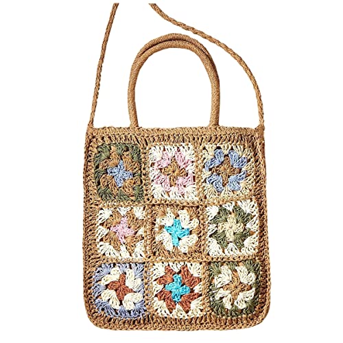 QTKJ Straw Bag, Summer Beach Bag, Hand-Woven Women Hand Bag, Jiugongge Flower Style Retro Rattan Bag Shoulder Bag Crossbody Bag（Khaki）