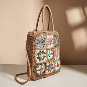 QTKJ Straw Bag, Summer Beach Bag, Hand-Woven Women Hand Bag, Jiugongge Flower Style Retro Rattan Bag Shoulder Bag Crossbody Bag（Khaki）